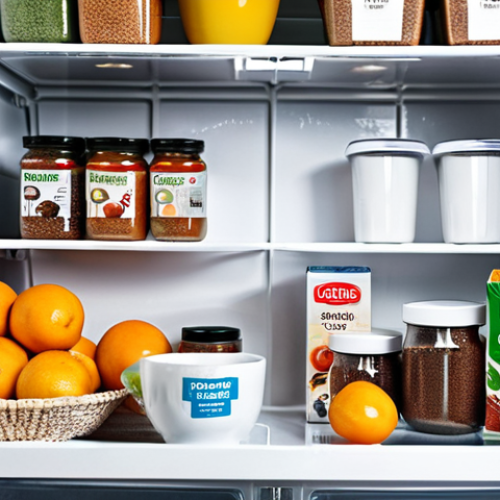 Home 15 **
A meticulously organized refrigerator interior showcasing various containers and fresh produce. Focus on highlighting baking soda boxes placed strategically on shelves, along with open containers of coffee grounds. The scene evokes a clean, fresh environment.
**