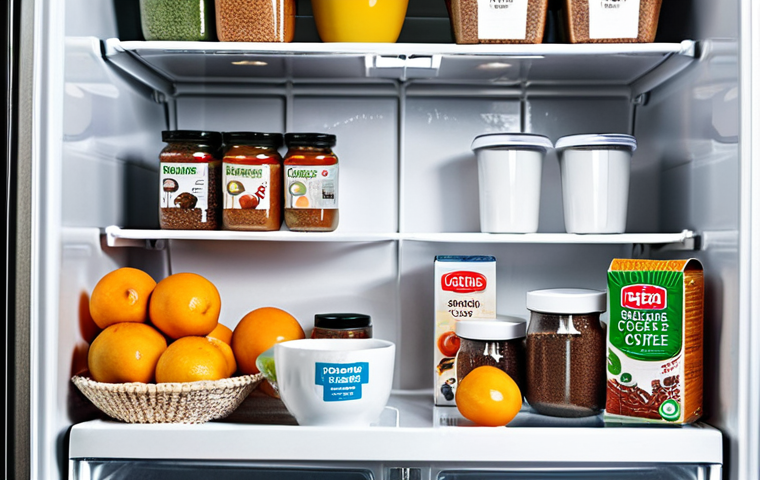**
A meticulously organized refrigerator interior showcasing various containers and fresh produce. Focus on highlighting baking soda boxes placed strategically on shelves, along with open containers of coffee grounds. The scene evokes a clean, fresh environment.
**