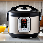 **

A modern kitchen featuring a sleek, stainless steel electric pressure rice cooker on the counter. The rice cooker has a touch screen display and is surrounded by minimalist decor. Focus on the reflection of light on the appliance, highlighting its design.

**