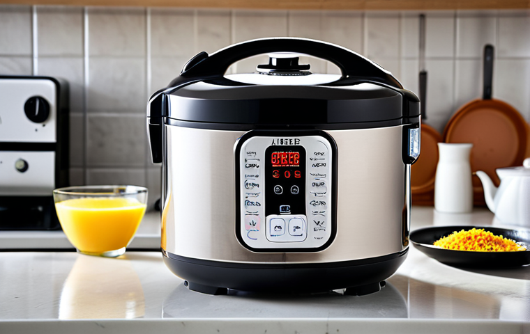 **
A modern kitchen featuring a sleek, stainless steel electric pressure rice cooker on the counter. The rice cooker has a touch screen display and is surrounded by minimalist decor. Focus on the reflection of light on the appliance, highlighting its design.
**