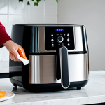 A person, fully clothed in modest, professional attire, carefully wiping down the interior basket of a sleek, silver air fryer on a clean kitchen counter. The person's hands are well-formed with proper finger count, using a soft, damp cloth to remove any residue. In the background, a modern kitchen with natural lighting is visible. The scene emphasizes meticulous maintenance and a natural pose. This image promotes a professional, family-friendly atmosphere, ensuring appropriate content and perfect anatomy, correct proportions, and natural body proportions. safe for work, high quality, professional photography.