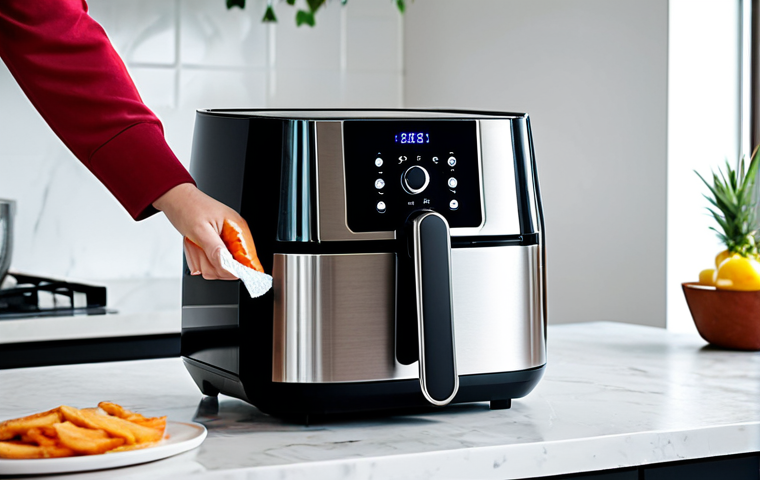 A person, fully clothed in modest, professional attire, carefully wiping down the interior basket of a sleek, silver air fryer on a clean kitchen counter. The person's hands are well-formed with proper finger count, using a soft, damp cloth to remove any residue. In the background, a modern kitchen with natural lighting is visible. The scene emphasizes meticulous maintenance and a natural pose. This image promotes a professional, family-friendly atmosphere, ensuring appropriate content and perfect anatomy, correct proportions, and natural body proportions. safe for work, high quality, professional photography.